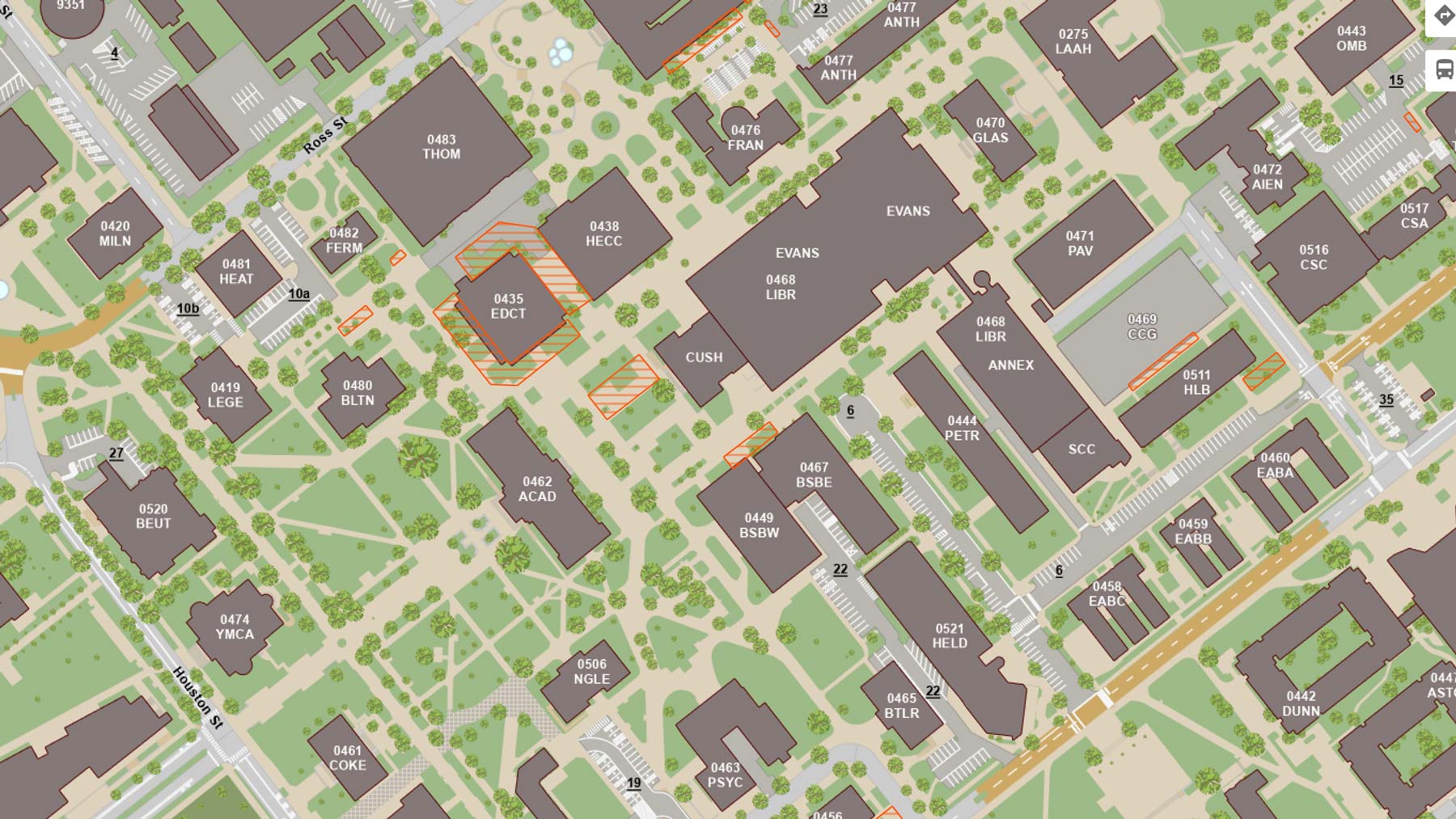 A screenshot of the Aggie Map online app, showing the Academic Building and Evans complex